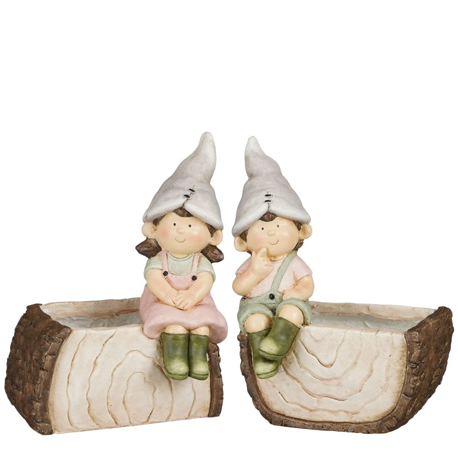 Boy or Girl Figurine Sitting or Log-Shaped Planter