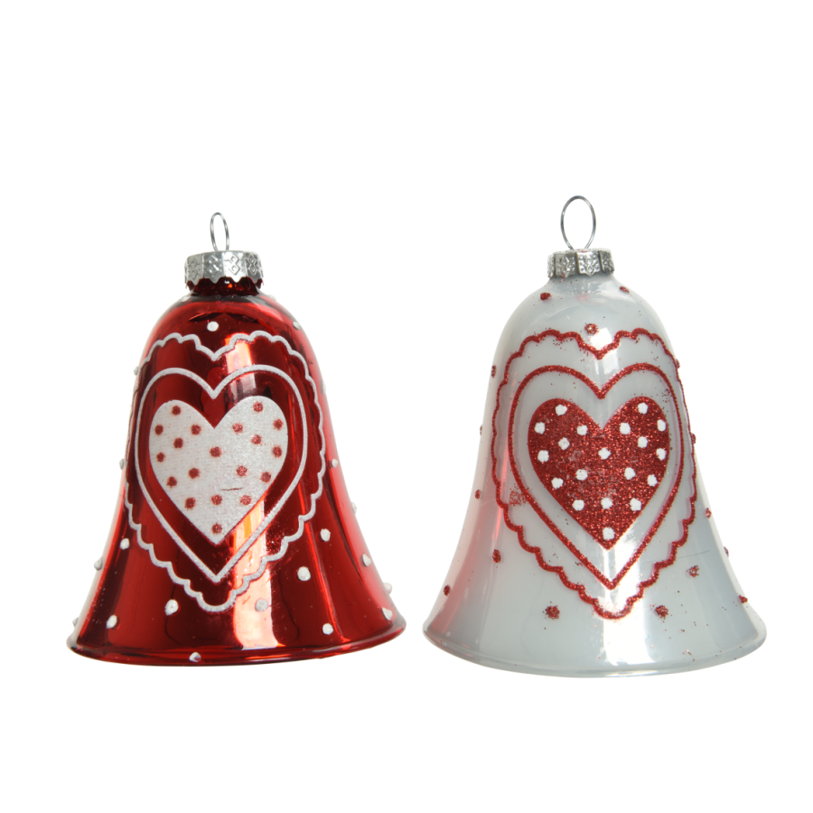 Red & White Glass Bell Ornament with Heart