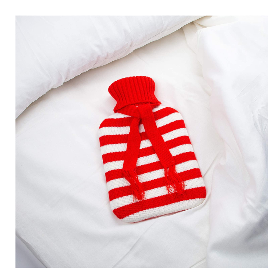 Hot Water Bottle with Red Knitted Striped Cover - Image 7