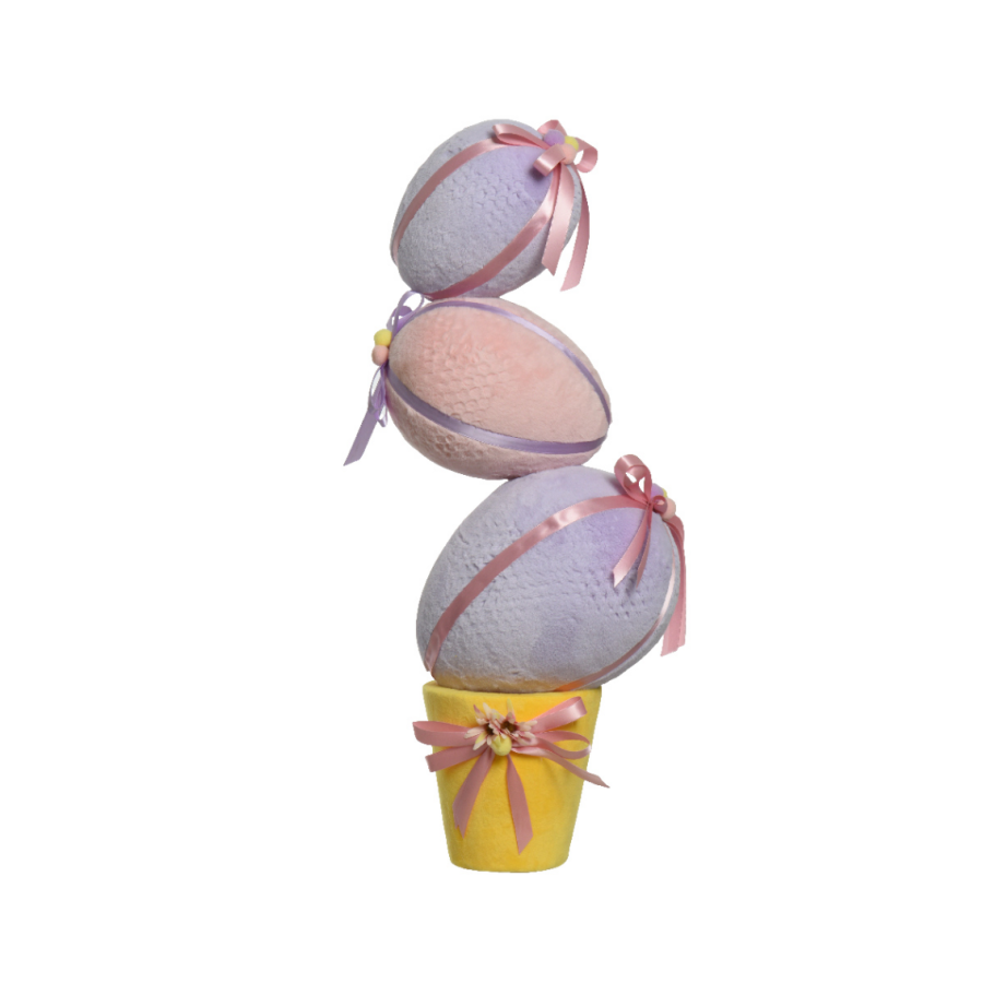 Large Velvet Easter Eggs on Yellow Pot with Satin Ribbon