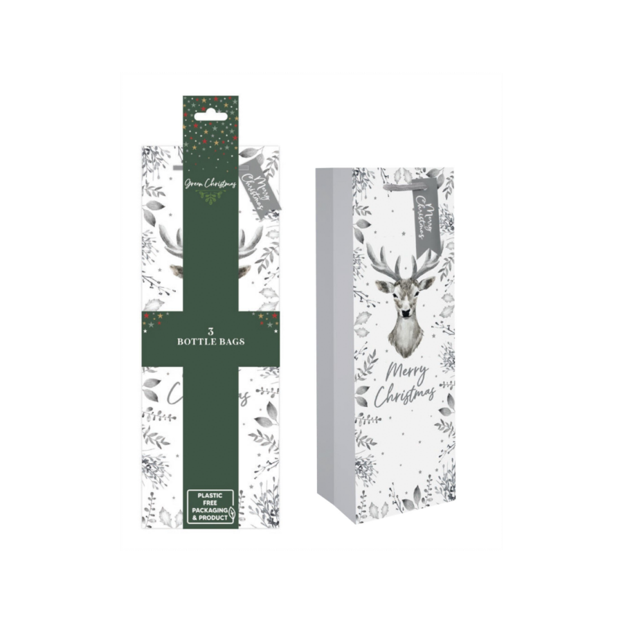 Green Christmas Eco Silver Deer Bottle Bags (Pack Of 3)