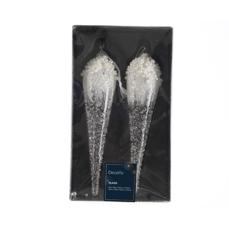 Set of 2 Glass Icicle Tree Ornaments Speckled With Pearls - Image 2