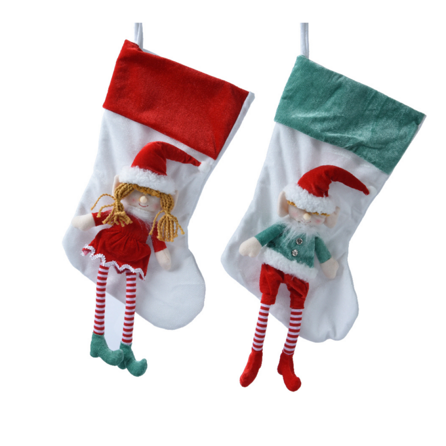 White Christmas Stocking with Boy or Girl Elf