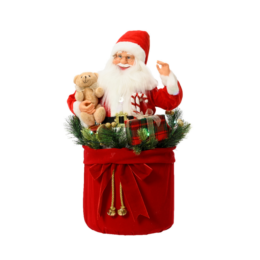 Musical Santa in Red Velvet Sack with Teddy, Candy Canes & Gifts 63cm