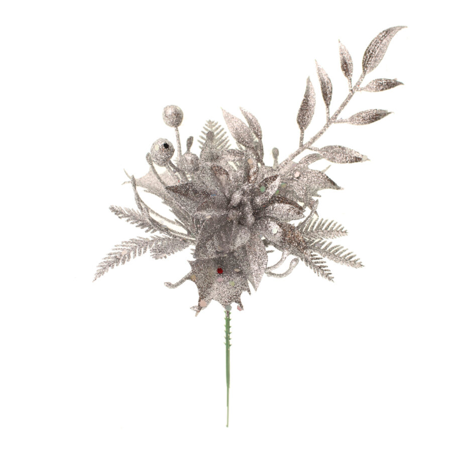 Silver Glittered Berry Poinsettia Pick 22cm