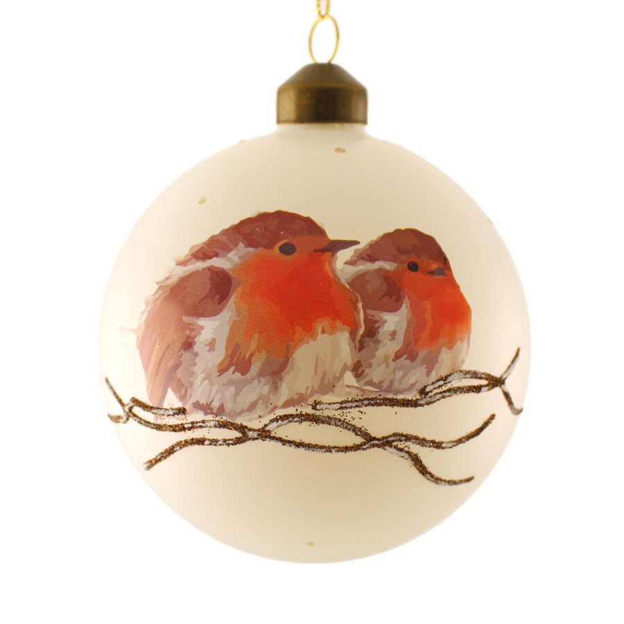 Cream Glass Bauble with Painted Robins 10cm