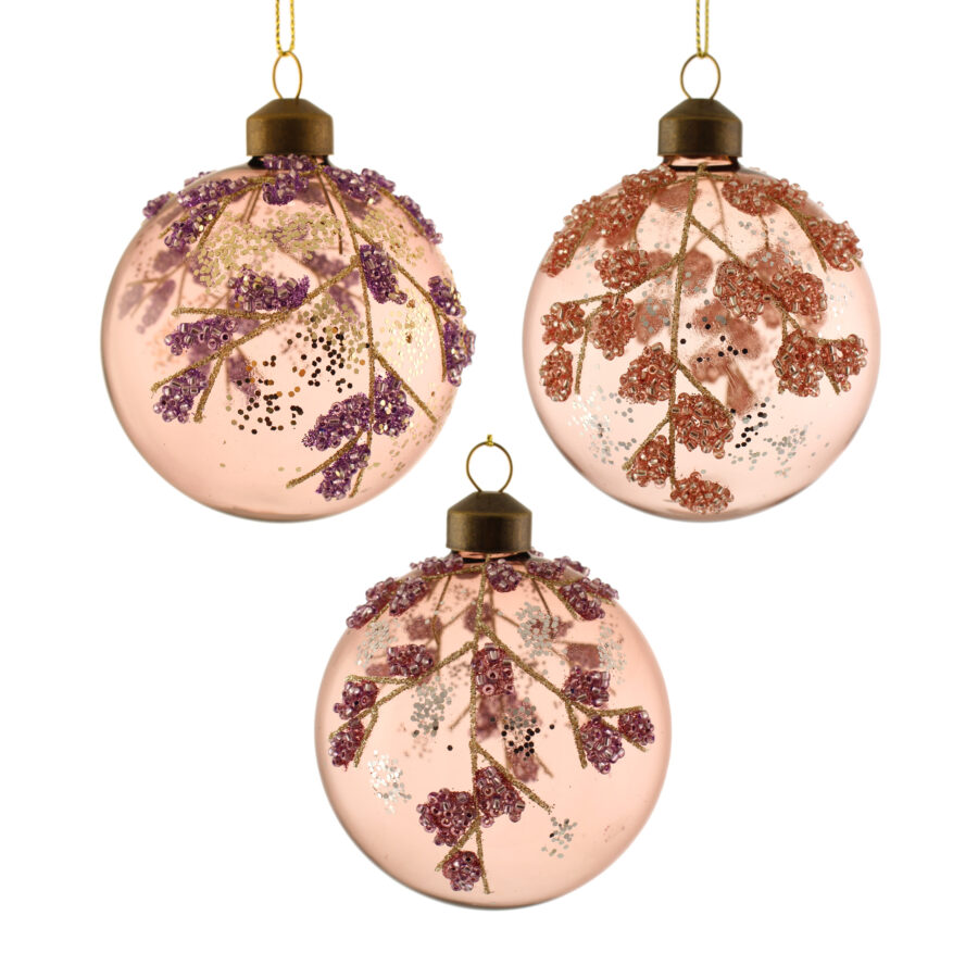 Glass Bauble with Beaded Leaf Pattern 8cm