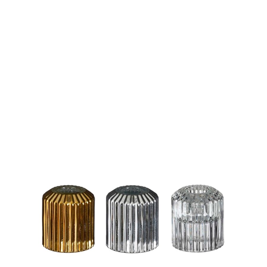 Clear, Silver or Gold Bulbous Ribbed Glass Candle Holder