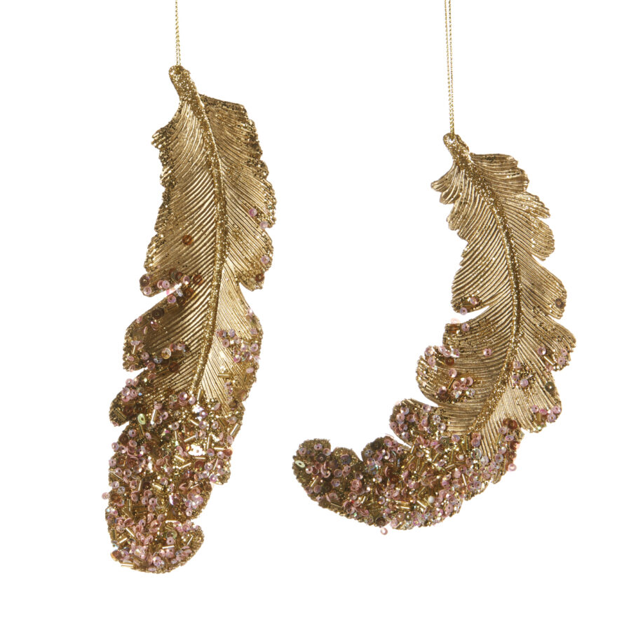 Gold Metallic Pink Sequin Beaded Feather Ornament 18.5cm