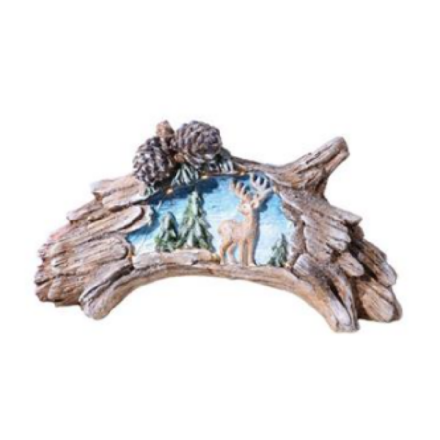 Carved Christmas Log with Deer Resin Decoration 25.5cm