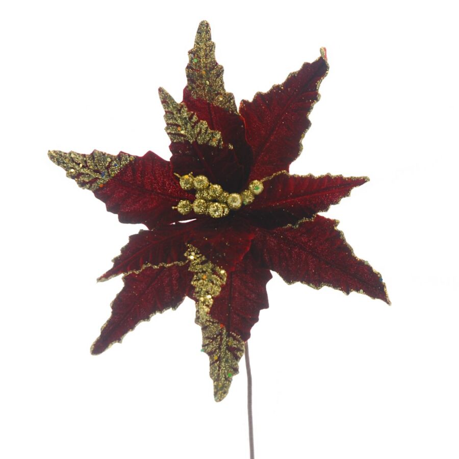 Burgundy Poinsettia with Gold Glitter Stem 51cm