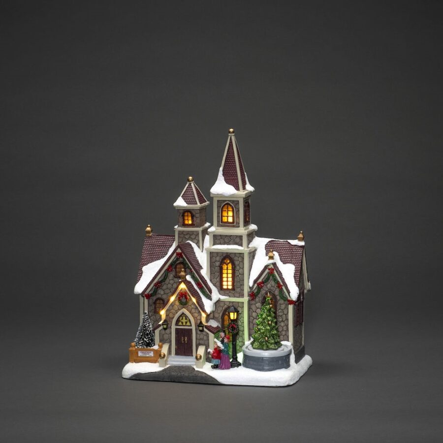 LED Village Church with Mechanical Tree